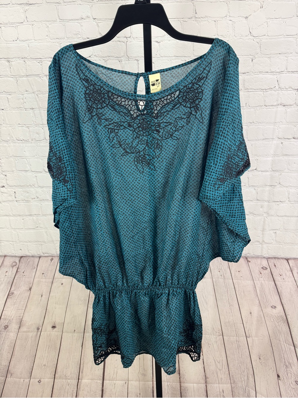 Free People Teal Embroidered Dot Dolman Sleeve Drop Waist Tunic Top Small
